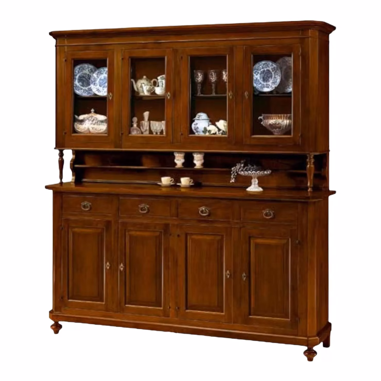 Cristalliera in stile arte povera Mobili 2G con 4 porte in legno e vetro color noce L: 196 cm, P: 43 cm, H: 205 cm – 1