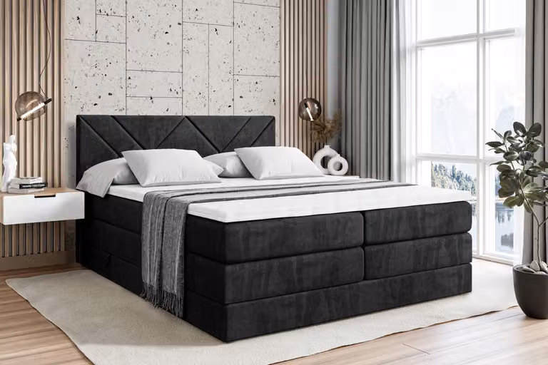 Letto boxspring ALTDECOR con 2 materassi e topper - 140x200 cm - BARWA KING - Velluto nero - Letto imbottito con materassi H3 e H4, contenitore e rete a doghe, letto con spazio contenitivo