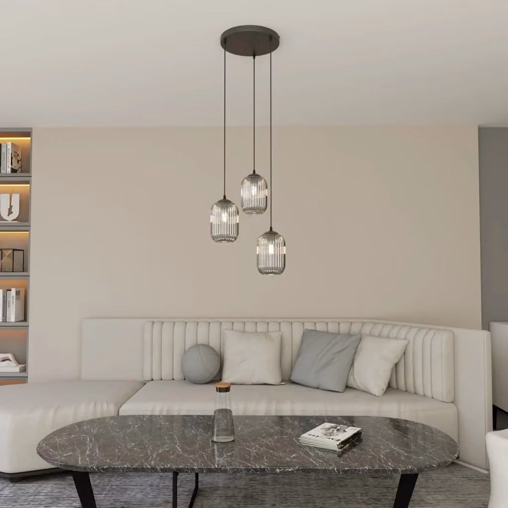 Lampadario a sospensione Luceart-Classic con 3 luci, base tonda in acciaio nero e vetri plissettati fumè grigi – 2