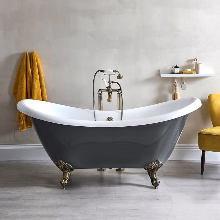 Vasca da Bagno Freestanding Grigio a Doppio Schienale e Piedini Oro Spazzolato 1750 x 730mm - Elton