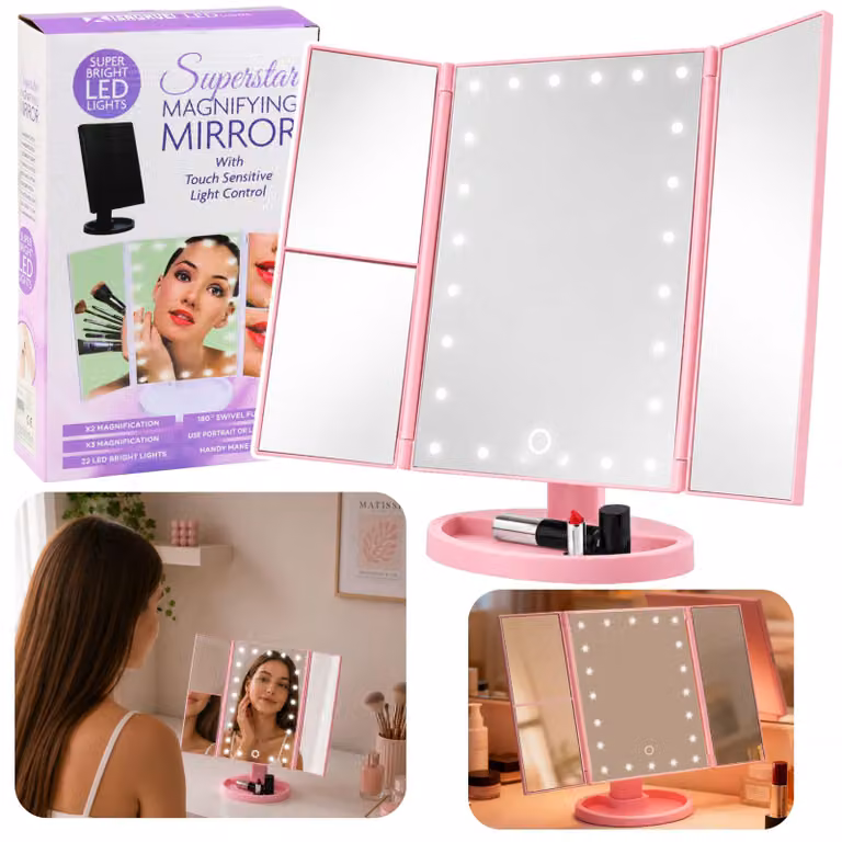 Specchio Cosmetico Led Pieghevole Ingranditore Touch Rotante Rosa