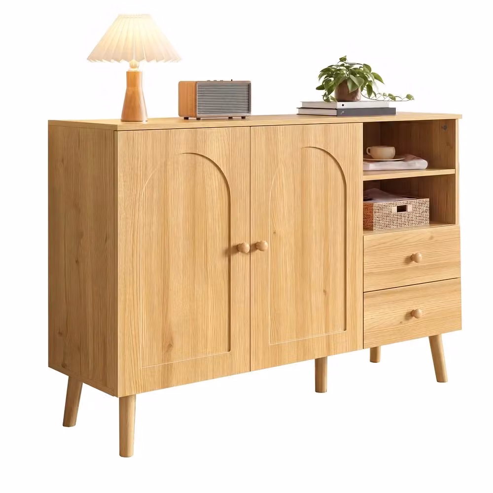 Consolle salvaspazio Minimal per ingresso in legno rovere color marrone con 2 ante, 2 cassetti e ripiano aperto – 2