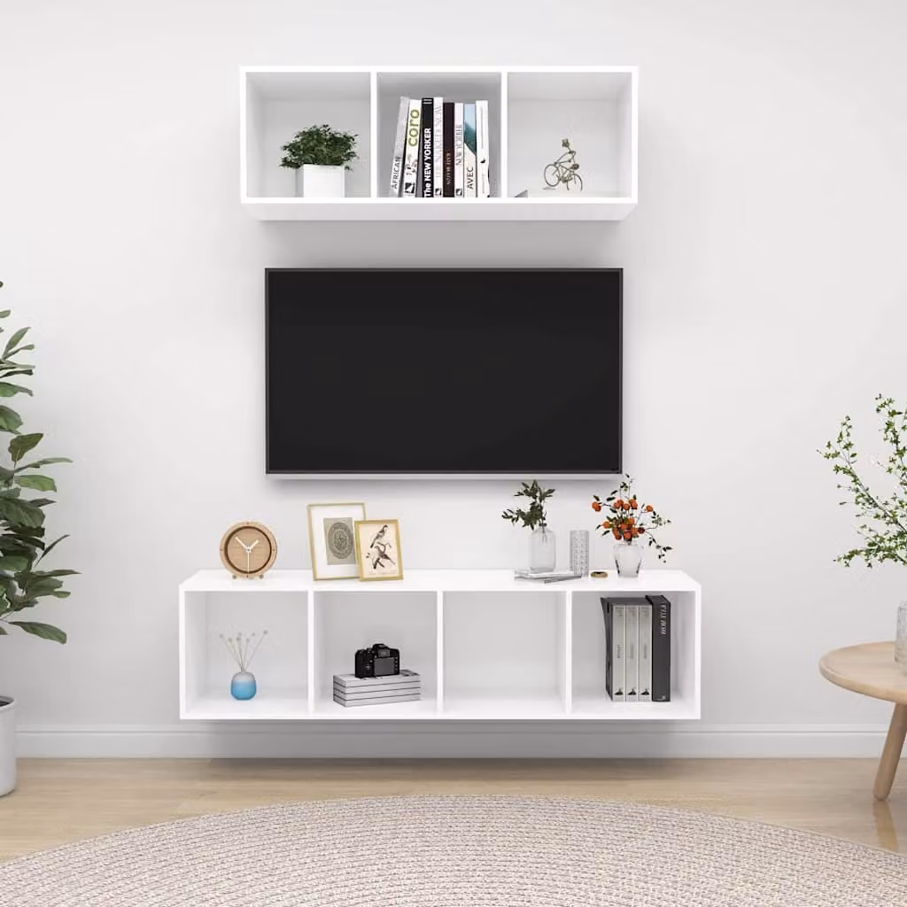 Set di 2 mobili porta TV vidaXL bianchi in legno e MDF per soggiorno in stile minimalista con montaggio a parete