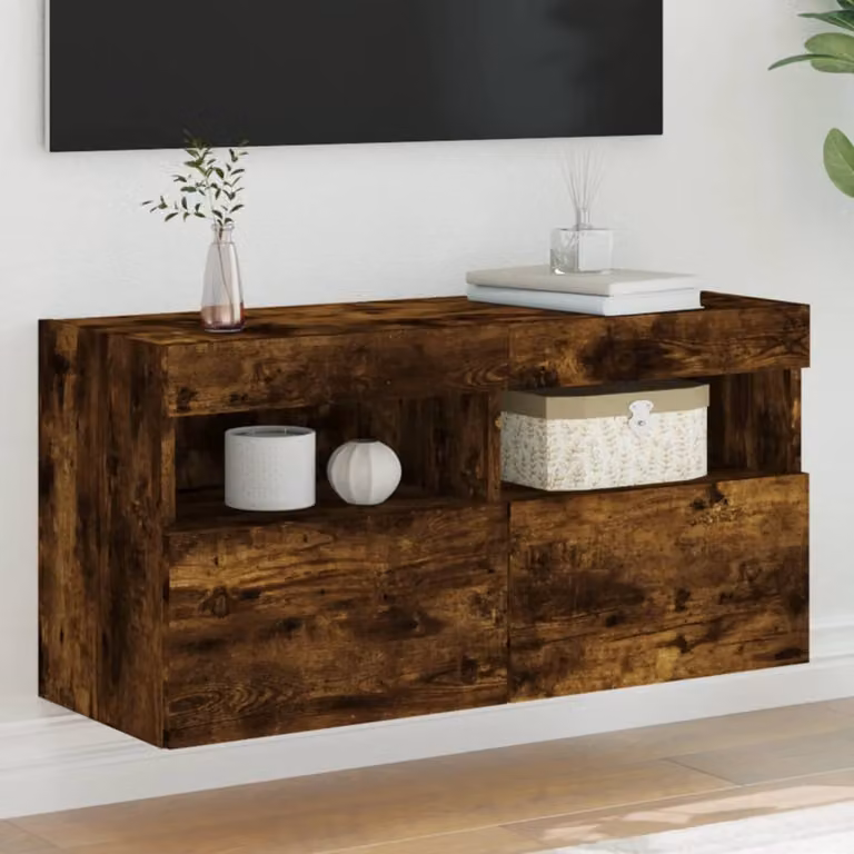 Mobile TV a parete vidaXL con luci LED integrate in rovere fumo, L 80 cm x P 30 cm x H 40 cm