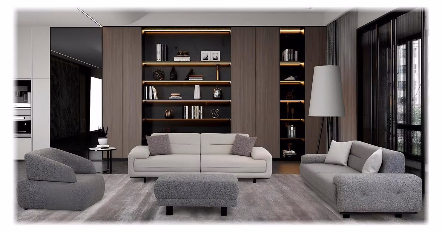 Nuovo set divani confortevole: 2 divani a 3 posti, poltrona e pouf, grigio-beige