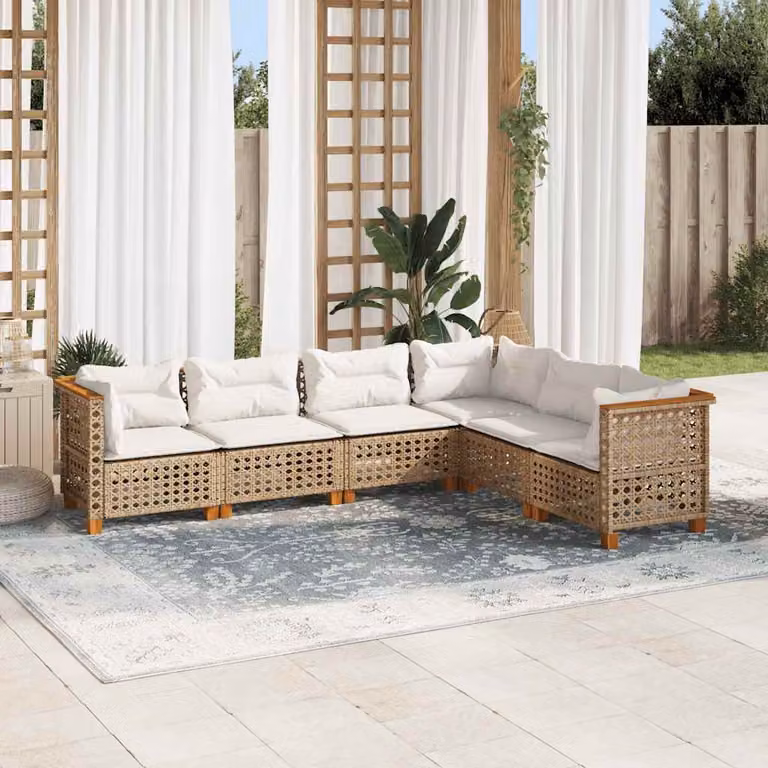 Set Divano da Giardino vidaXL 6 pz a Forma a L in Polyrattan con Cuscini Beige e Rivestimenti Rimovibili