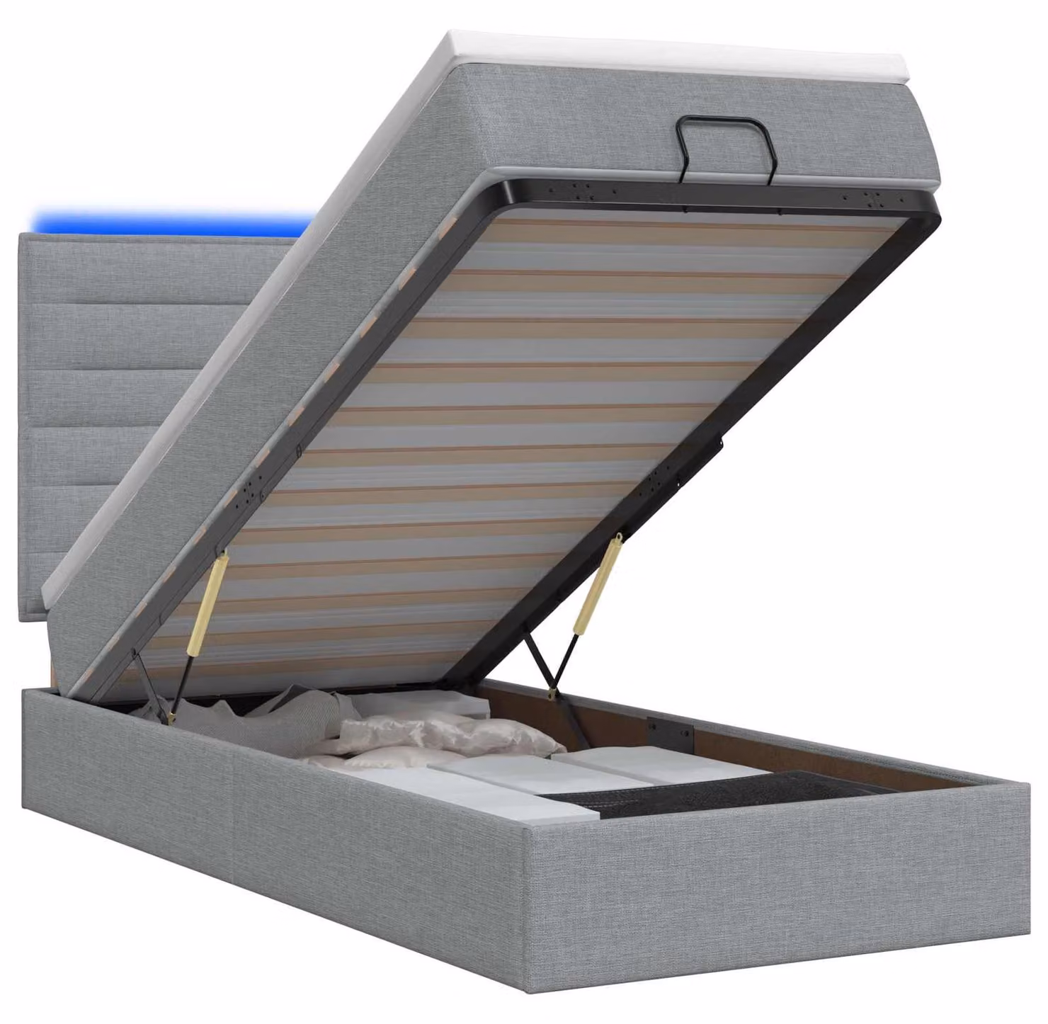 Panca contenitore con materasso e illuminazione LED, grigio chiaro, 90 x 200 cm, rivestita in tessuto