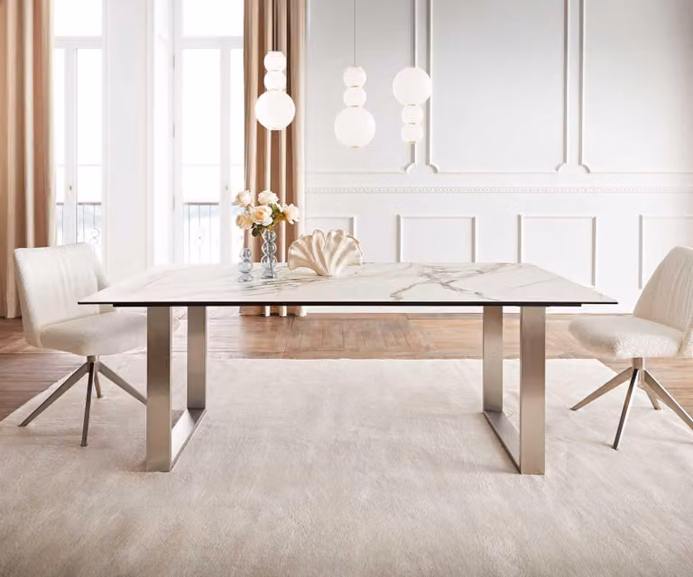Tavolo da pranzo DELIFE Edge, 200x100 cm, piano in Vetroceramica Calacatta, finitura bianco-oro-grigio, struttura in acciaio inossidabile, design minimalista
