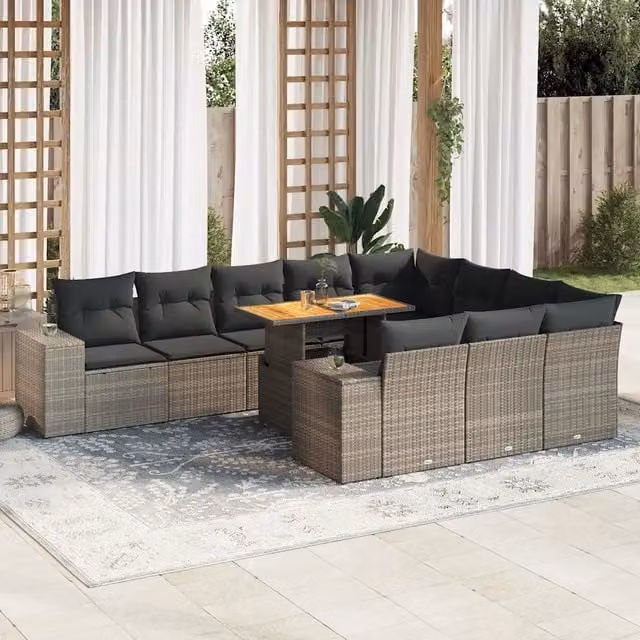 Set da giardino componibile a L vidaXL in polyrattan e legno di acacia con 10 pezzi e cuscini grigi