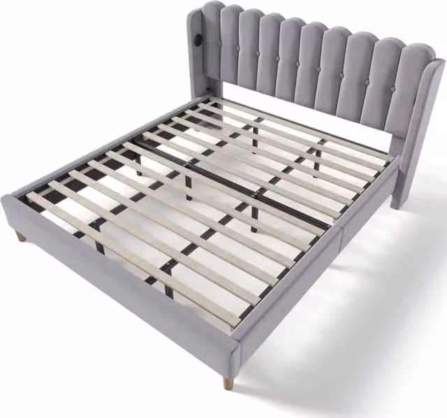 Letto matrimoniale imbottito grigio 180x200 cm con funzione di ricarica USB Tipo C e rete a doghe