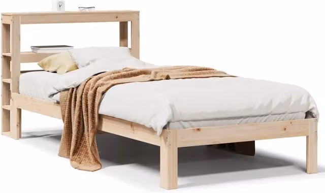 Letto singolo per adulti in legno massello di pino con testiera e ripiani laterali 90x200 cm