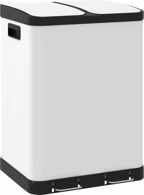 Bidone per rifiuti Minimal con pedale in acciaio inox e 2 scomparti da 30L ciascuno, capacità totale 60L, bianco