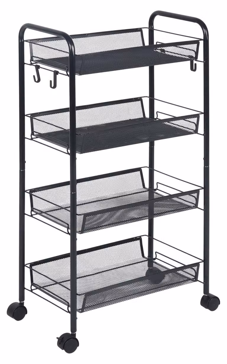 Carrello in rete con ripiani metallici multilivello e ganci