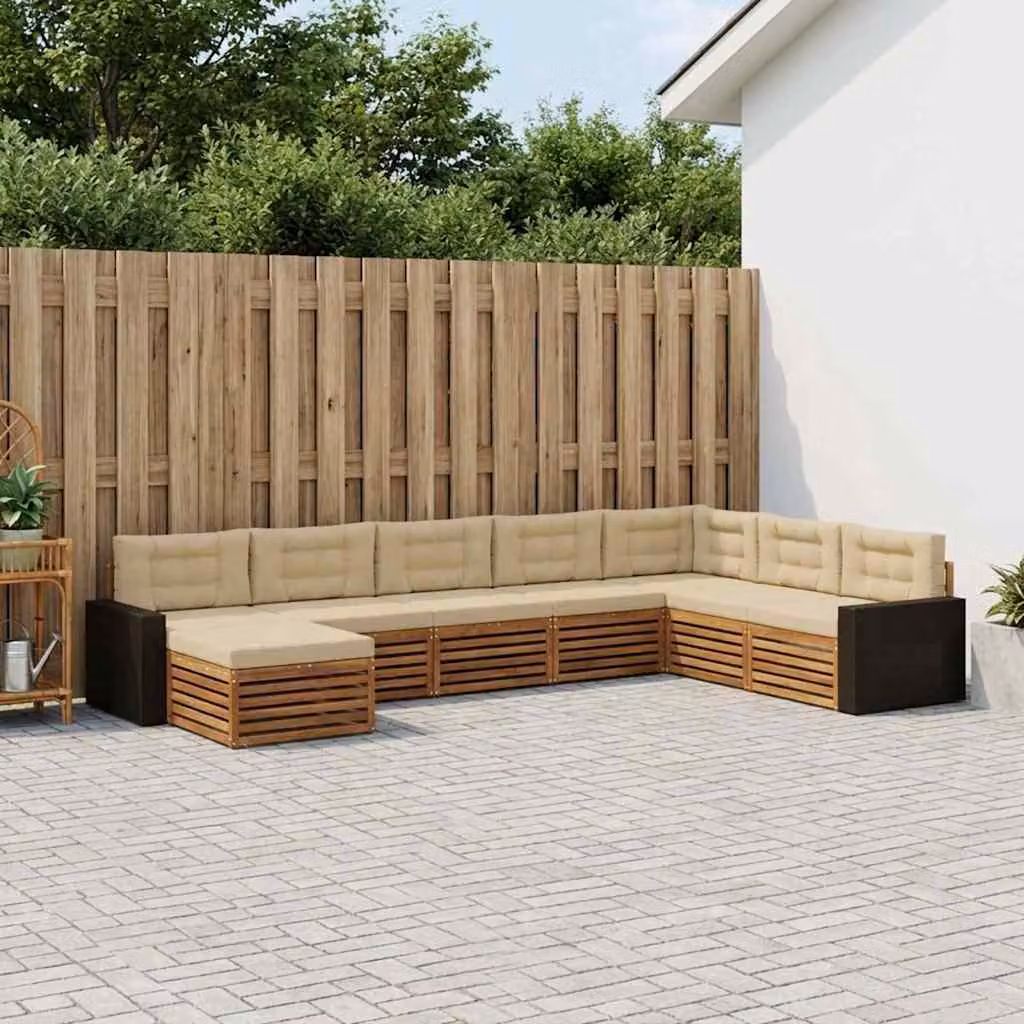 Set di divani da esterno vidaXL 8 pz in legno di acacia con cuscini, colore beige e sabbia, configurazione a L con pouf e angolare