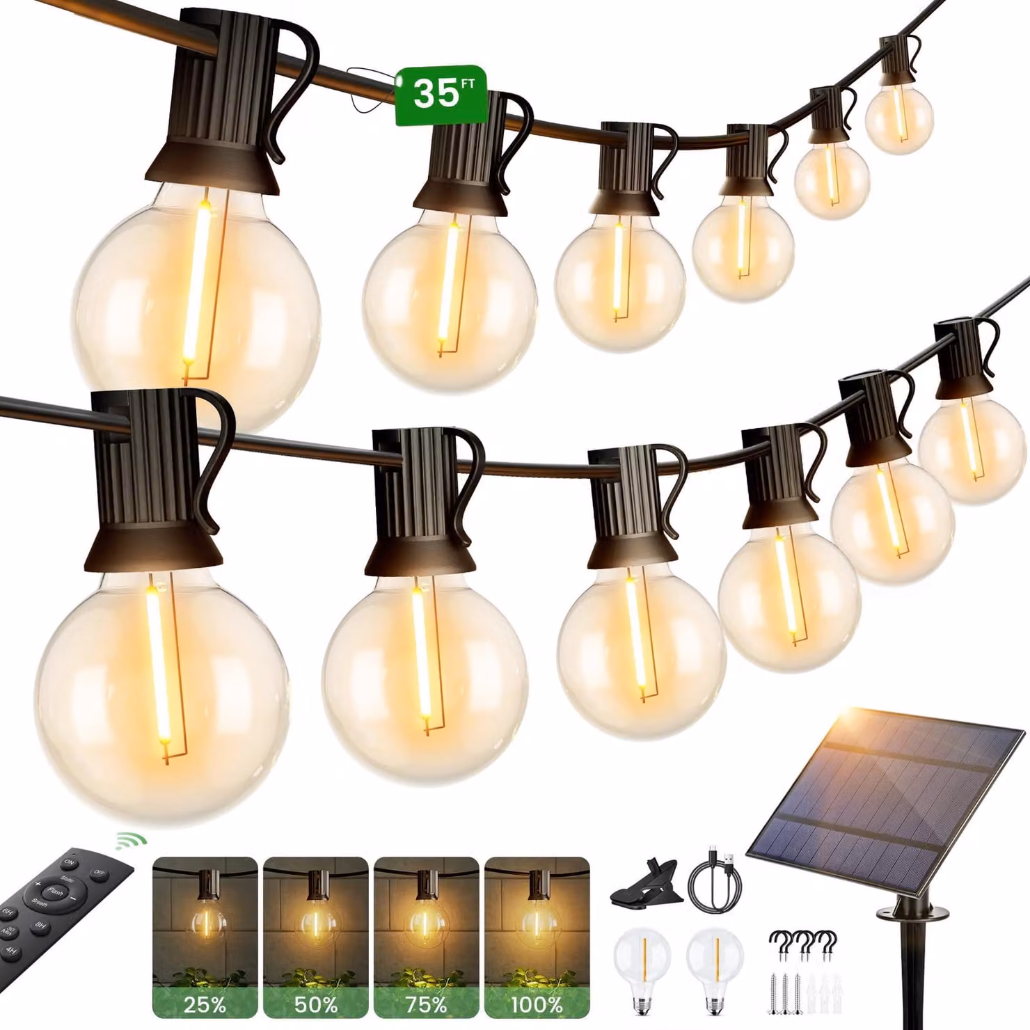 Catena luminosa solare, 9 metri, con 15+2 lampade a sfera a LED, luce bianco caldo, dimmerabile