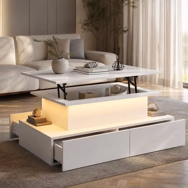 Tavolino Moderno Bianco Lucido con LED, 4 Cassetti e Piano Estraibile 90x55x41 cm