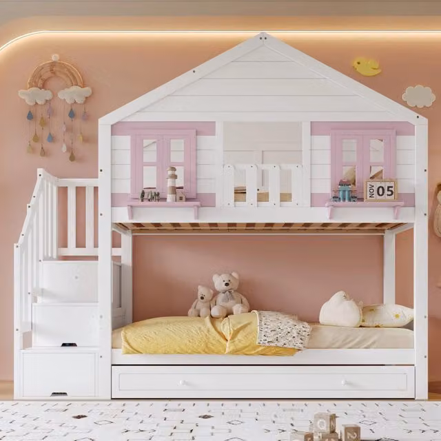 Letto a castello per bambini 90 × 200 cm con letto estraibile, scale contenitore e appendiabiti, senza materasso