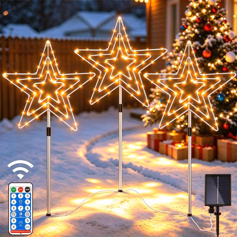 Set di 3 catene luminose a LED solari, 225 LED, 8 modalità, forma a stella, adatte per l'uso invernale