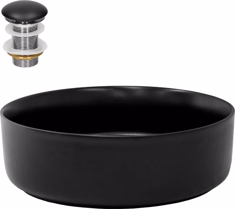 Lavabo LuxeBath Lavabo da appoggio rotondo, Ø 36x12 cm, nero, in Vetroceramica, incl. set di scarico senza troppopieno