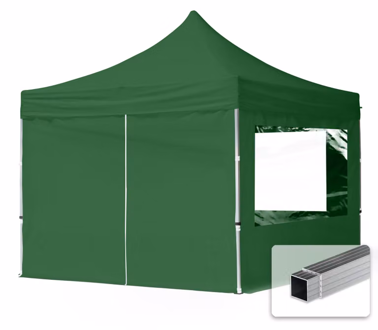 TOOLPORT 3x3m gazebo pieghevole con laterali (finestre panoramiche), ECONOMY alluminio, verde scuro