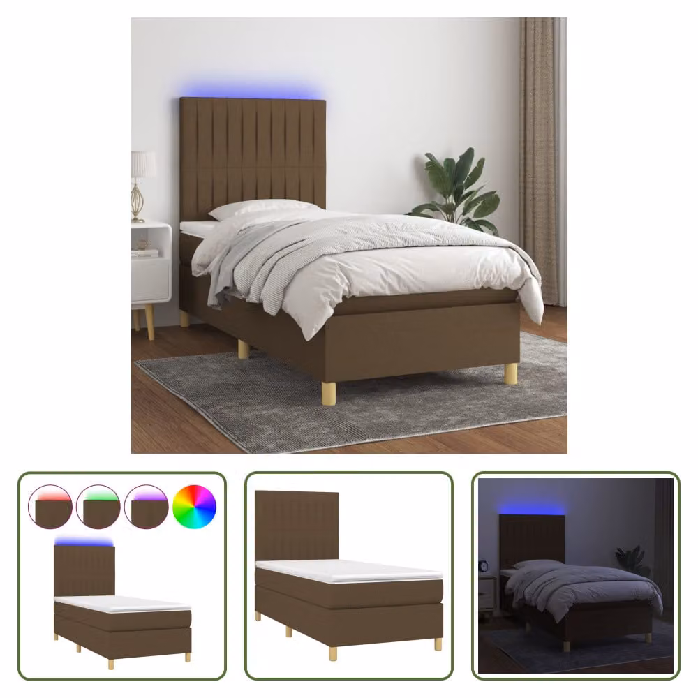 The Living Store Letto a molle con materasso e LED in tessuto marrone scuro 90x190 cm