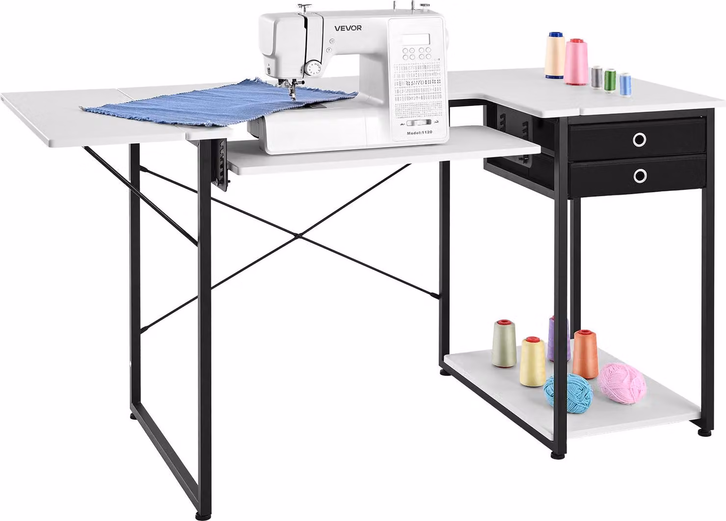 Tavolo da cucito VEVOR Tavolo per macchine da cucire con piano pieghevole e ripiano regolabile e gambe in acciaio e cassetto, tavolo multiuso Tavolo per computer per casa studio di moda studio d'arte istituto scolastico