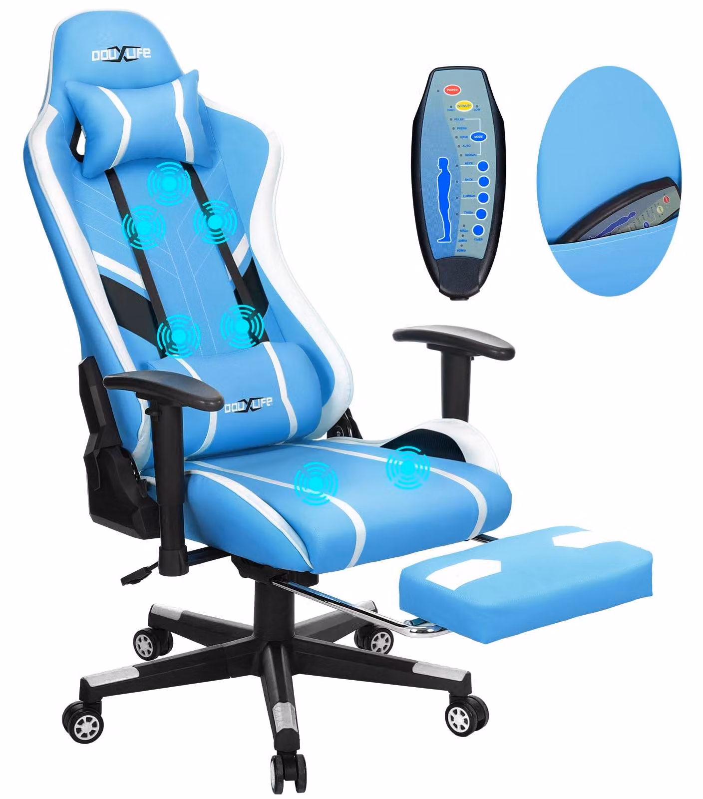 Sedia da gaming ergonomica - Blu e bianca - Massaggio a 7 punti - Capacità di carico di 180 kg - Rivestita in ecopelle