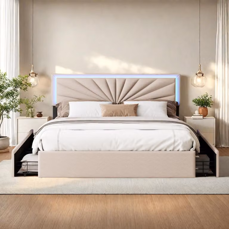 Letto imbottito ProximaX 160×200 cm con testiera a LED - letto in tessuto con 4 cassetti per camera da letto o camera degli ospiti, beige