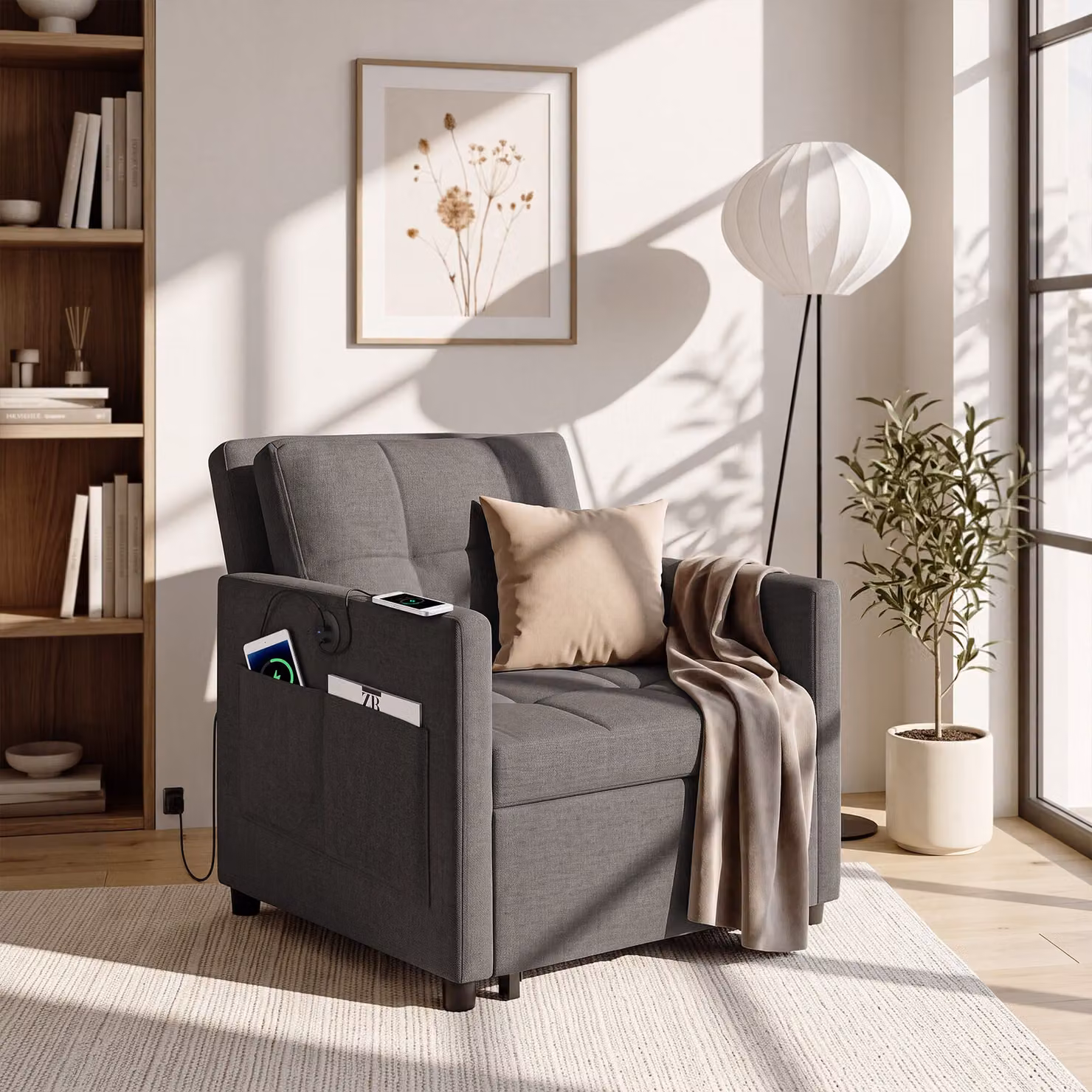 Poltrona letto pieghevole tectake modello relax recliner con braccioli, struttura in metallo e rivestimento in tessuto grigio – 3