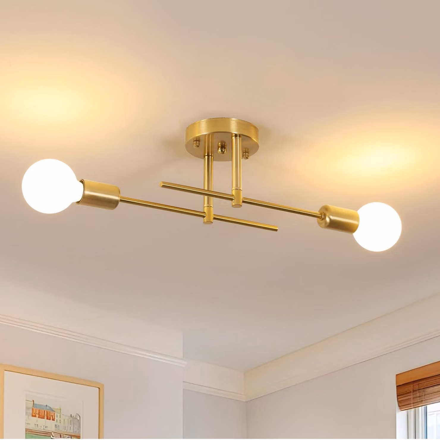 Lampada da soffitto vintage, a 2 luci, attacco E27, color oro