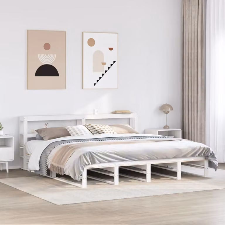 Letto vidaXL in legno massello di pino bianco con testiera e ripiani laterali L/P/H: 200 x 200 x 82 cm