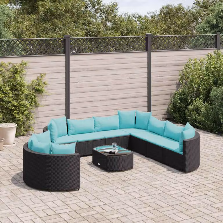 Set di Divani da Giardino vidaXL a Forma di U con Tavolino, 10 Pezzi, Polyrattan Nero e Cuscini Blu, Struttura in Acciaio Verniciato a Polvere