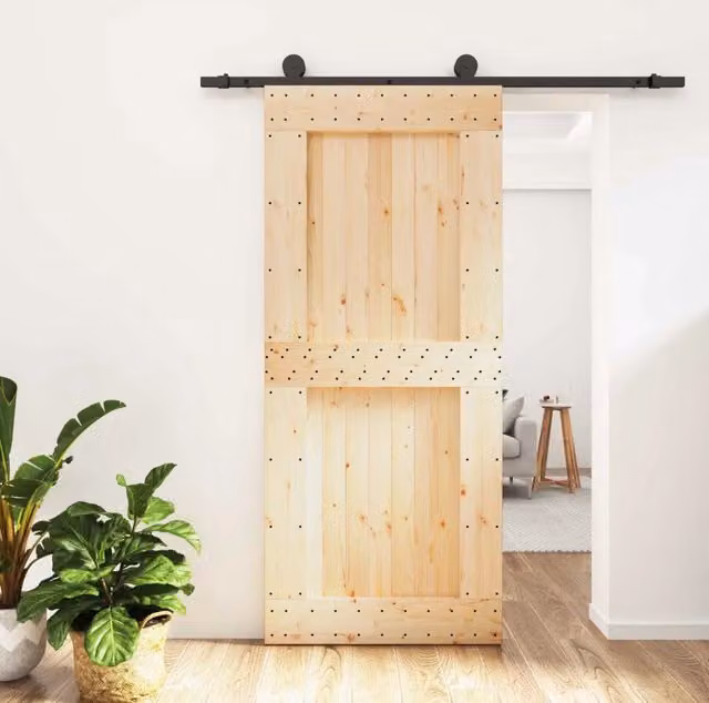 Porta scorrevole moderna vidaXL in legno e acciaio, colore naturale e nero, L: 90 cm, H: 210 cm
