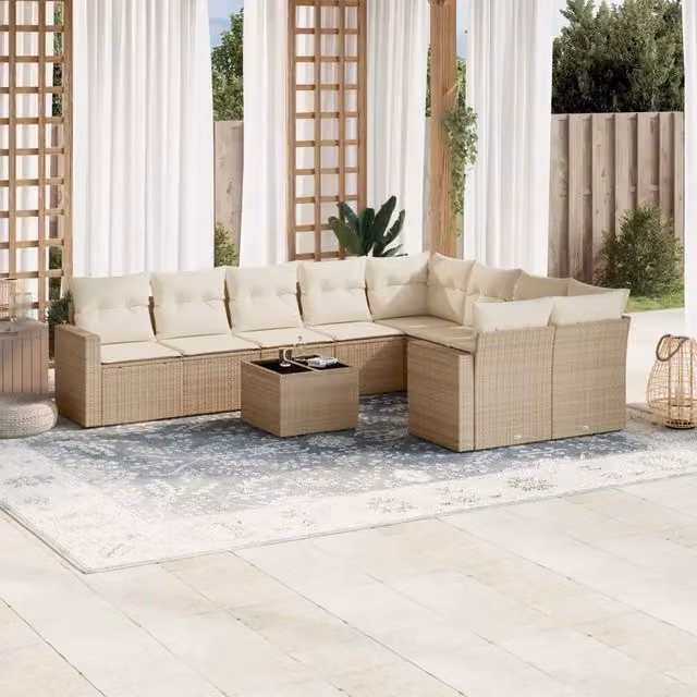 Set Divano da Giardino VIDAXL in Polyrattan con Cuscini Beige, 10 Pezzi, Design Moderno a L