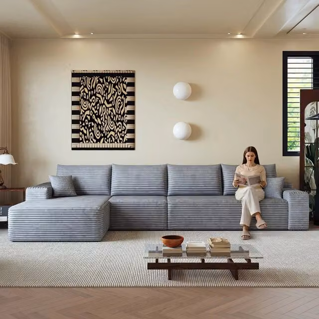 Divano angolare con Chaise Longue ¨C Minimal ¨C grigio velluto 340cm imbottito