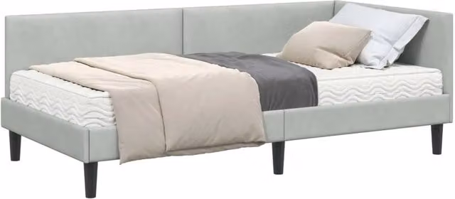 Letto singolo moderno con struttura angolare imbottita in velluto grigio e 2 materassi DESIGN IN L/P/H: 100 x 200 x 72 cm