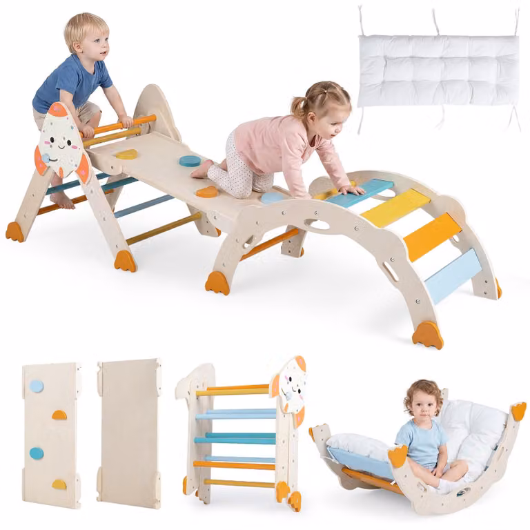 COSTWAY, set da arrampicata Montessori 8-in-1, set giochi da interno per bambini dai 1 anno in su, composto da struttura per arrampicata, triangolo da arrampicata, arco da arrampicata, scivolo e cuscini, giocattolo per l'arrampicata