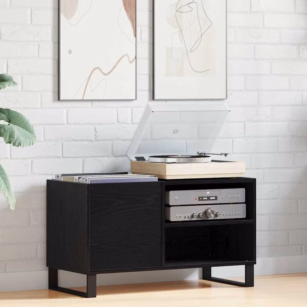 vidaXL Mobile porta vinili moderno in rovere e nero, L 85 cm x P 38 cm x H 48 cm