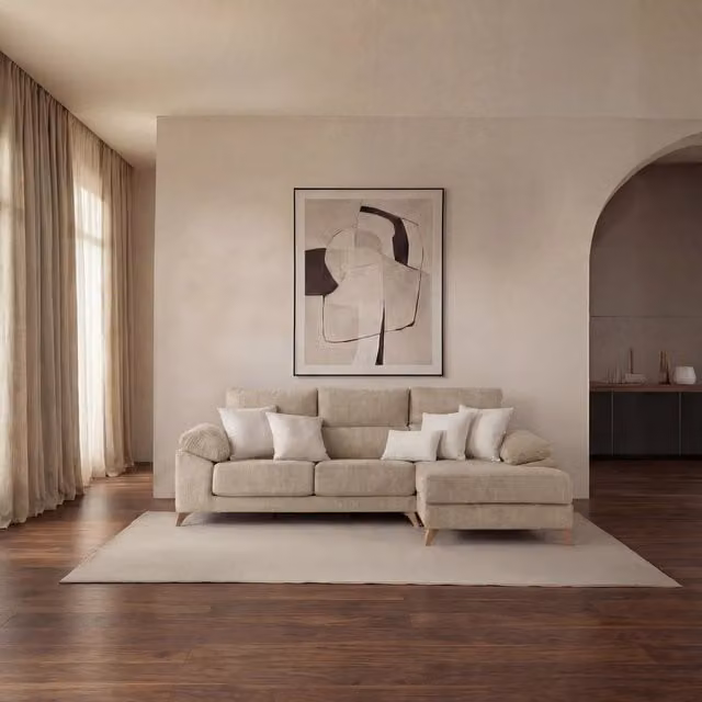 Divano chaise longue Dandy Banak a 4 posti in tessuto beige con configurazione a L e stoccaggio