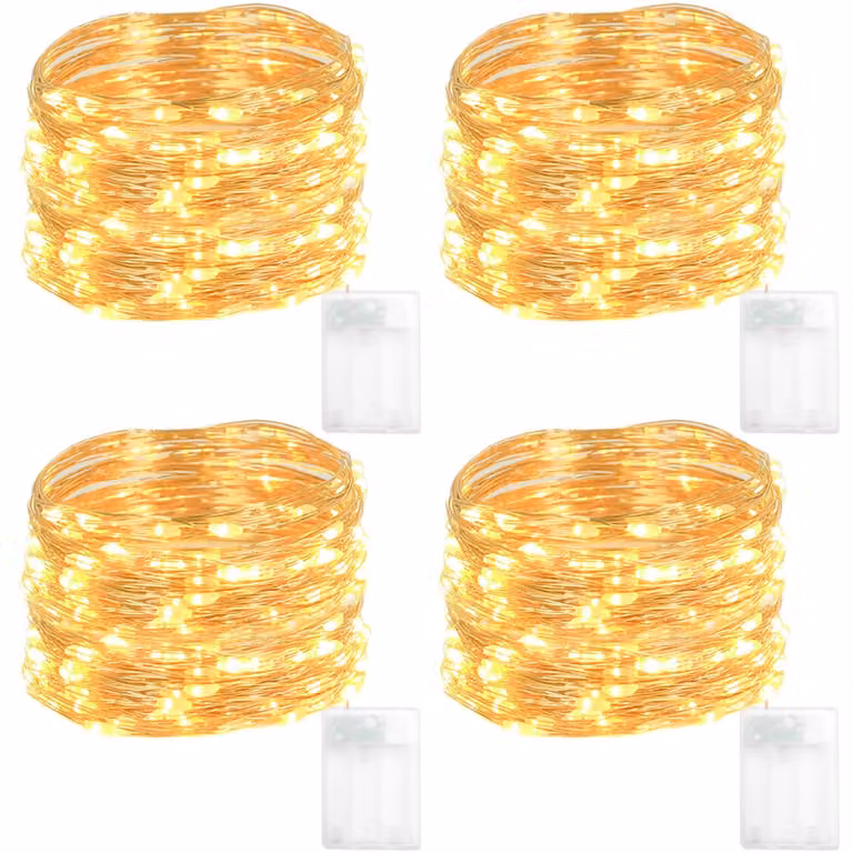 Catene luminose a batteria, confezione da 4, lunghezza 5 metri, 50 micro-LED, luce bianco caldo, ideali per interni, terrazzi, feste, alberi di Natale, matrimoni