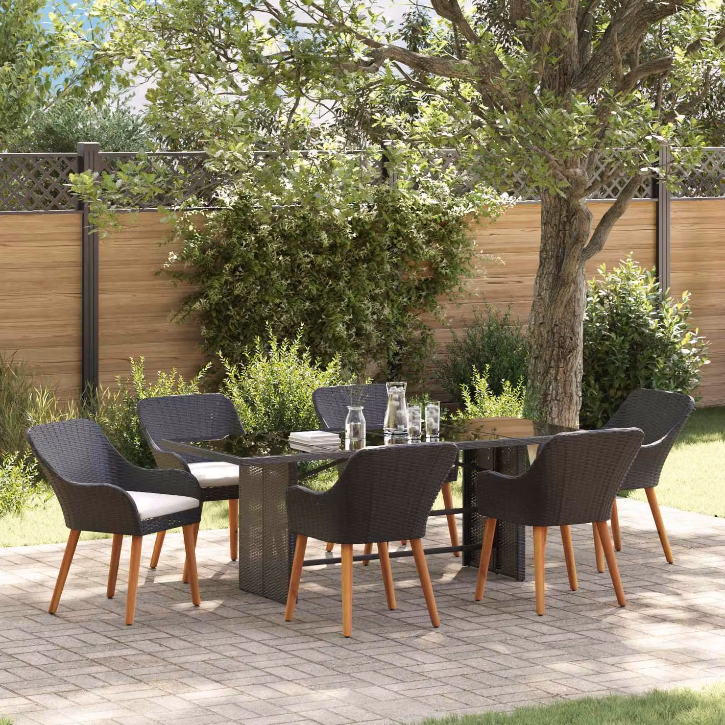 Set da pranzo per giardino e terrazza vidaXL in polyrattan nero con 7 pezzi – 1