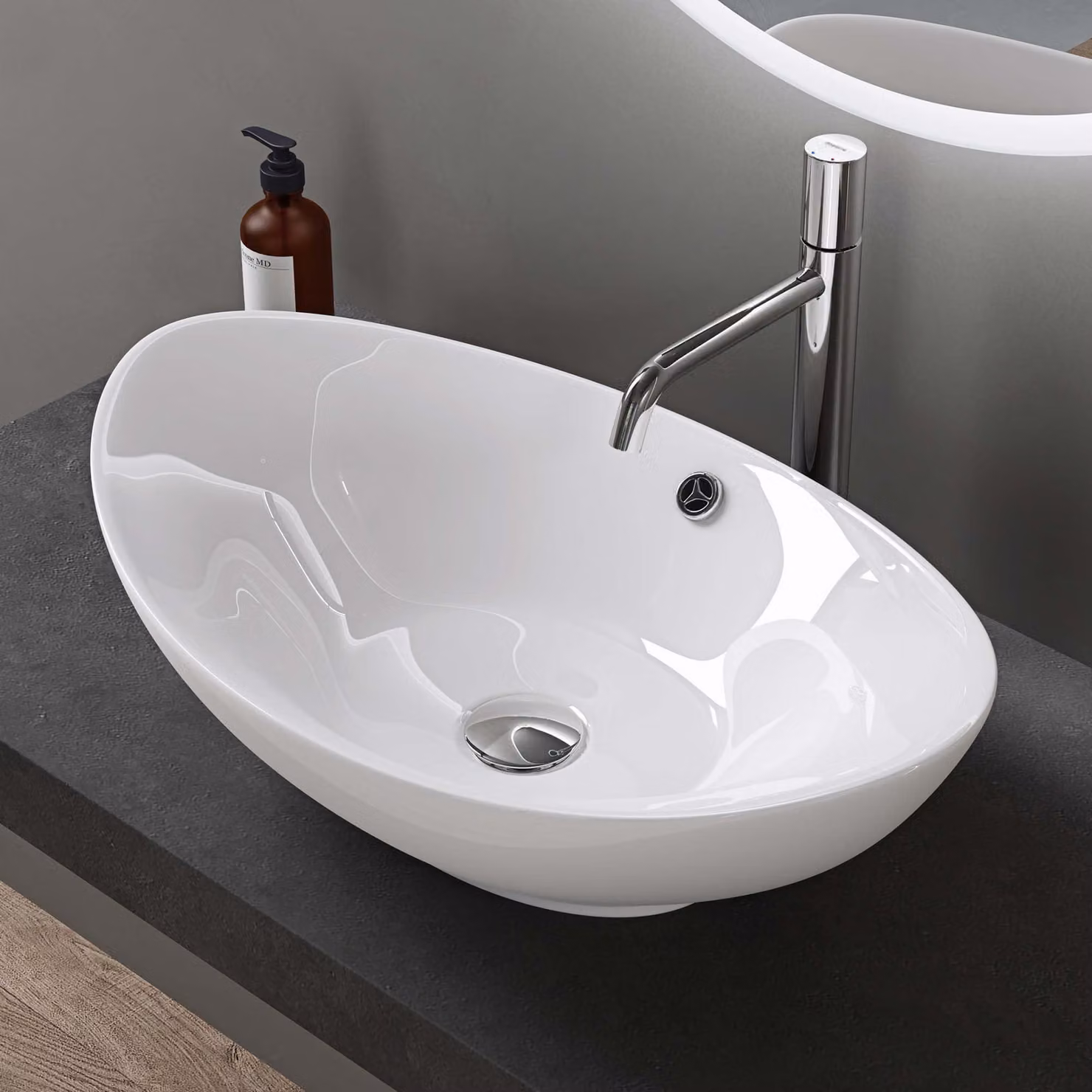 doporro Lavabo Ovale da Appoggio in Vetroceramica Bianco Lucido 59 cm, Lavandino Bagno con Troppopieno Effetto Loto Brüssel818