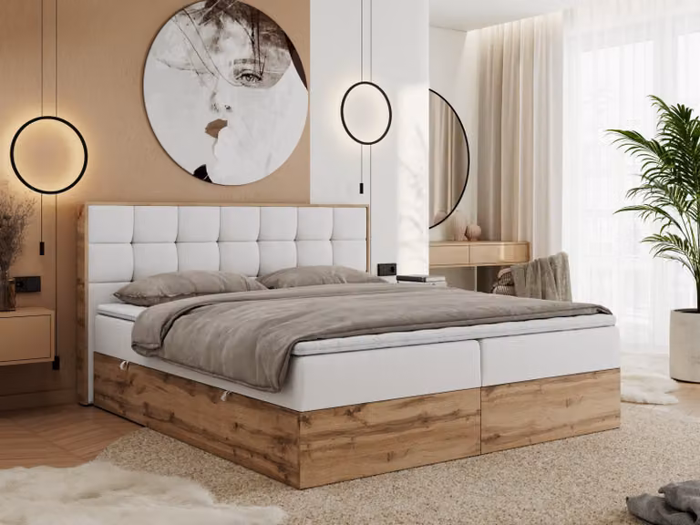 MKS MEBLE Letto boxspring 140x200 con contenitore in rovere, letto imbottito 140x200 con materasso H3, letto 140x200 con testiera, rovere Wotan - 140x200 - Pelle finta bianca - Albero-1