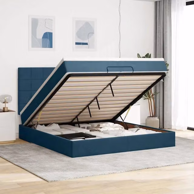 Letto con contenitore a sollevamento vidaXL in velluto blu e bianco con materasso L/P/H: 200 x 200 x 128 cm – 1