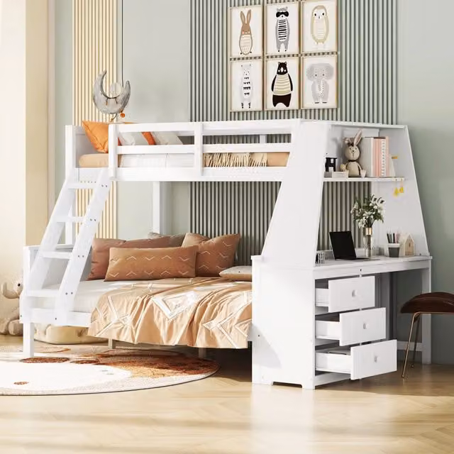 Letto a castello; 90x200cm e 140x200cm; con scrivania; grande spazio di stoccaggio; bianco