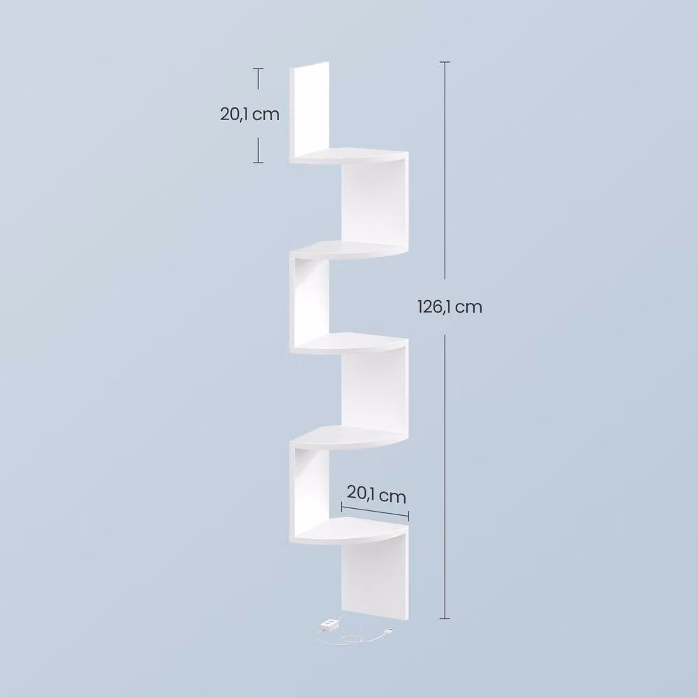 Scaffale angolare con illuminazione a LED, 5 ripiani, telecomando | Bianco | 20x20x126 cm