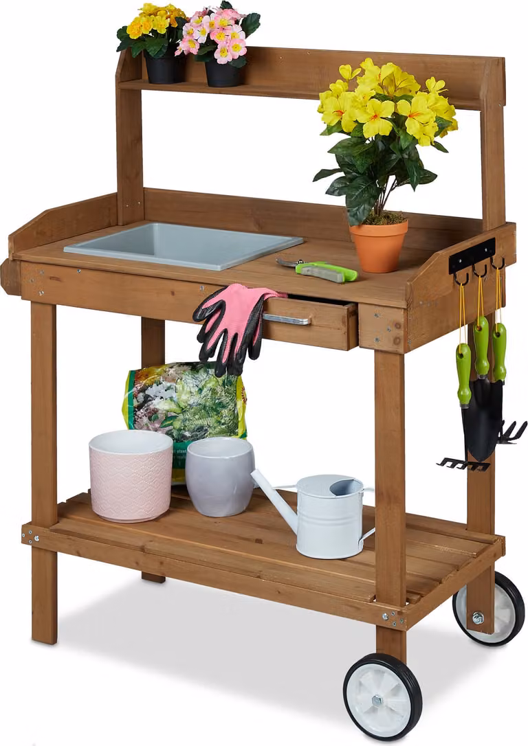 Tavolo da giardinaggio Relaxdays con rotelle, vaschetta e cassetto, in legno e plastica, dimensioni: 120 x 97 x 49 cm, tavolo da lavoro da giardino, marrone