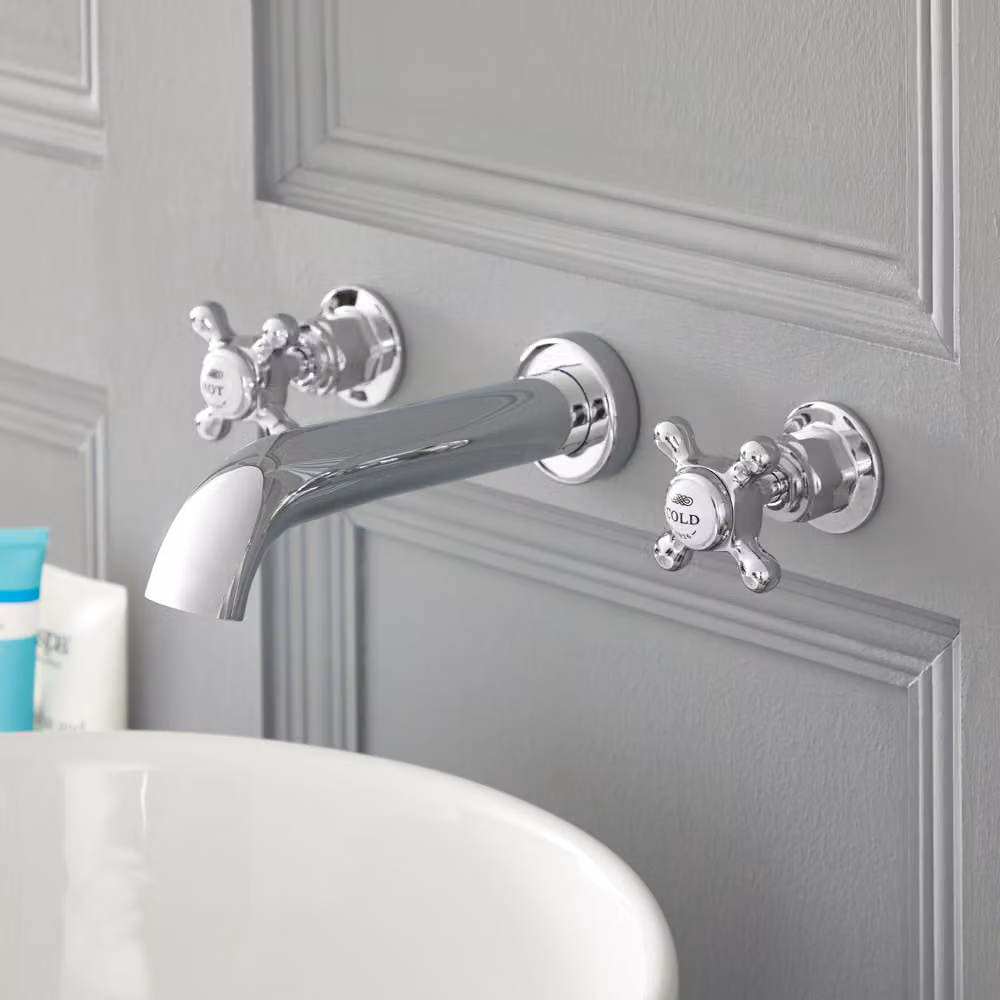 Rubinetto Lavabo a Parete 3 Fori a Croce - Cromo/Bianco - Stile Classico ed elegante - Elizabeth