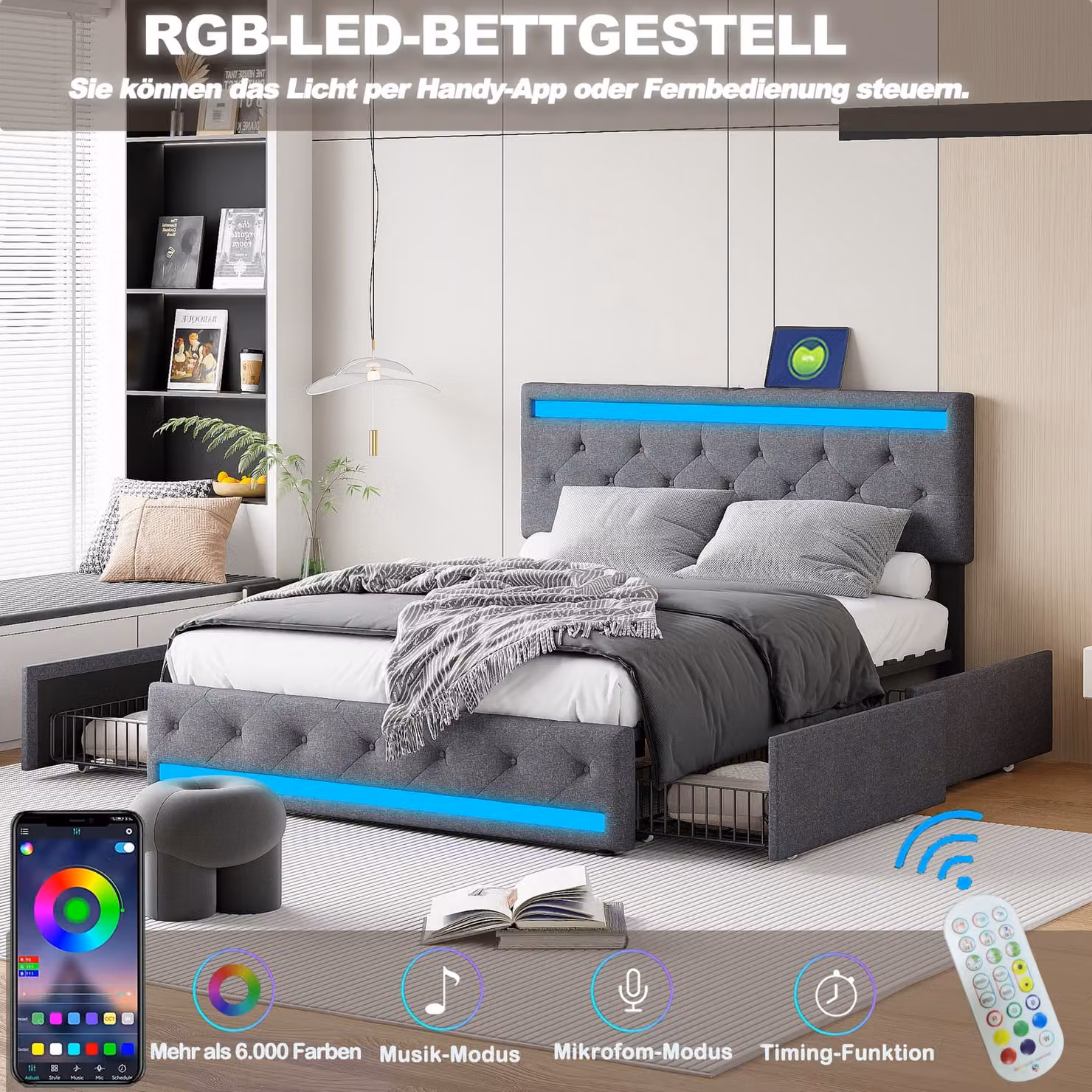 Letto matrimoniale con cassetti 180x200 cm, con testata LED regolabile, con ricarica USB e Type-C, con 4 cassetti in ferro, rete a doghe, telaio in metallo - Grigio