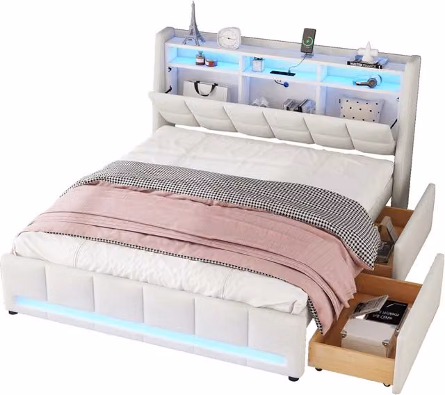 Letto imbottito 140x200 cm con cassetti, luci LED controllate via app, prese USB, senza materasso, beige in lino